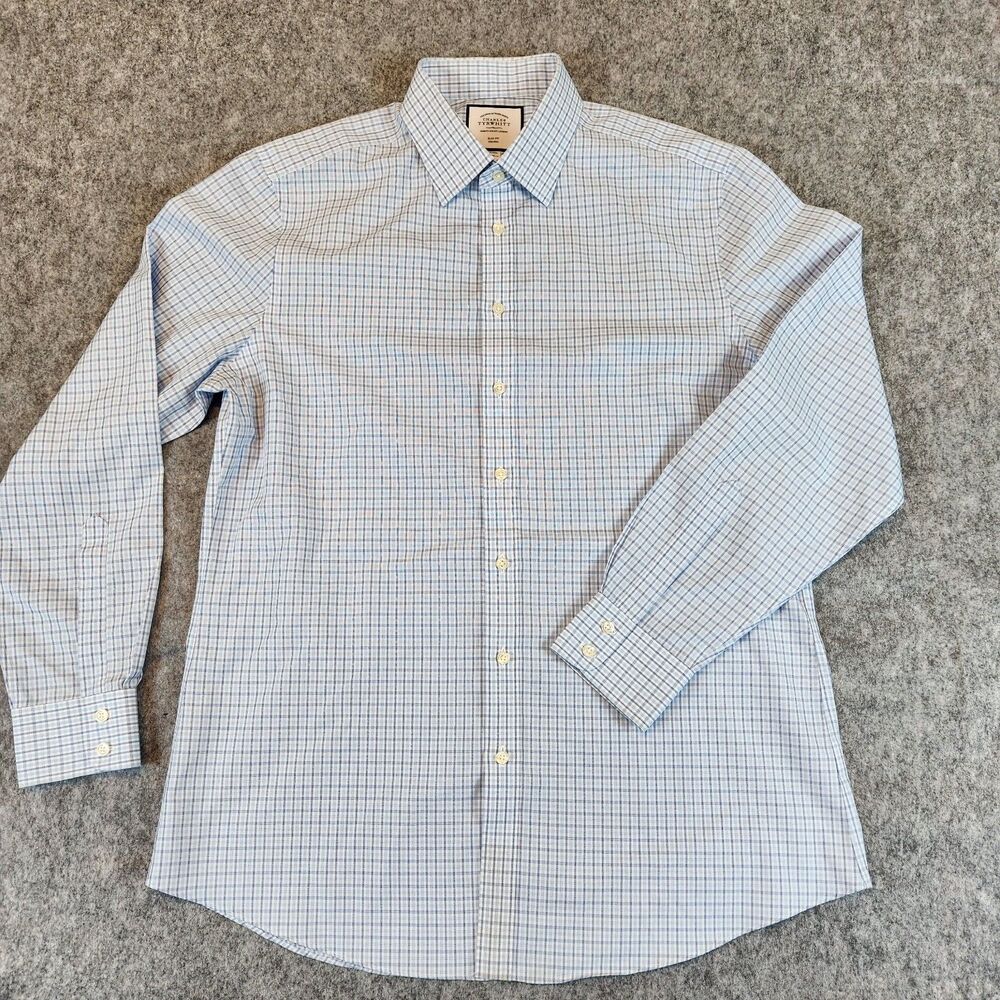Charles Tyrwhitt Dress Shirt Men 17/36 Blue Plaid‎ Slim Non Iron Work Business - Picture 3 of 10